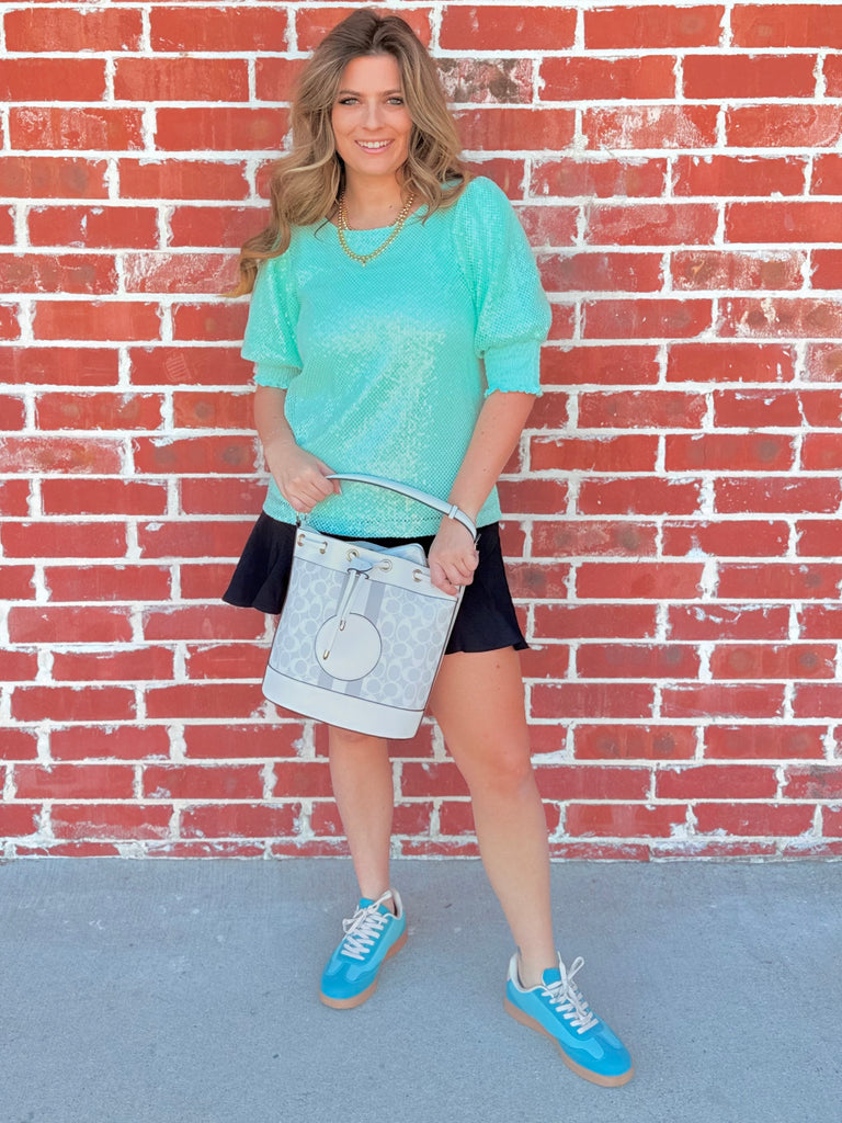 Clear Sequin All-Over Smocked Cuff Top in Mint