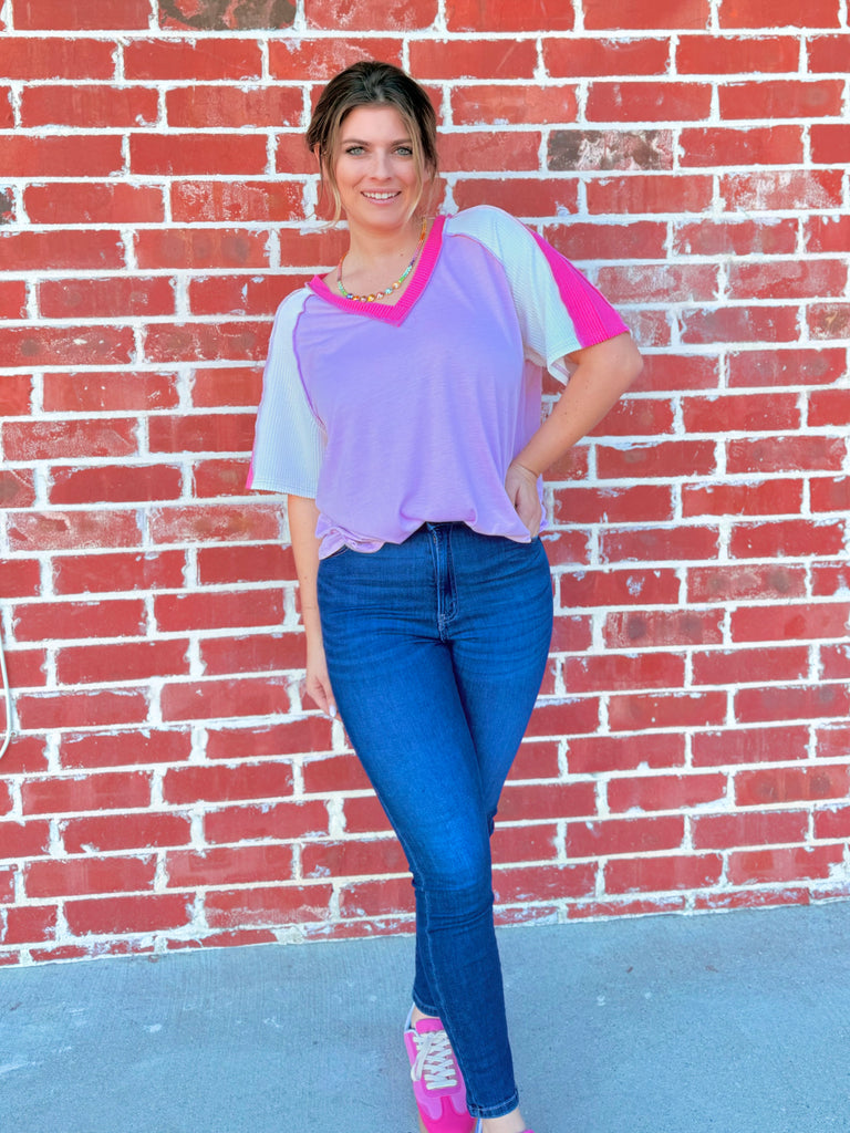 Pink Jersey Knit V-Neck Top with Cord Rib Combo