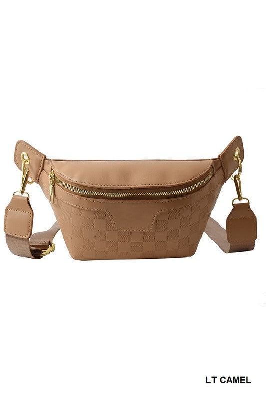 Checkered Leather Sling Bag with Adjustable Strap in Light Camel