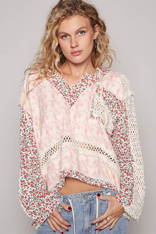 Blooming Season Patchwork Hooded Top in Blush Multi