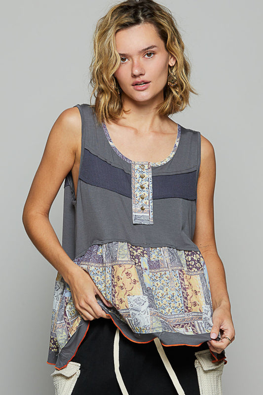 Threaded Florals & Knit Patchwork Tank Top