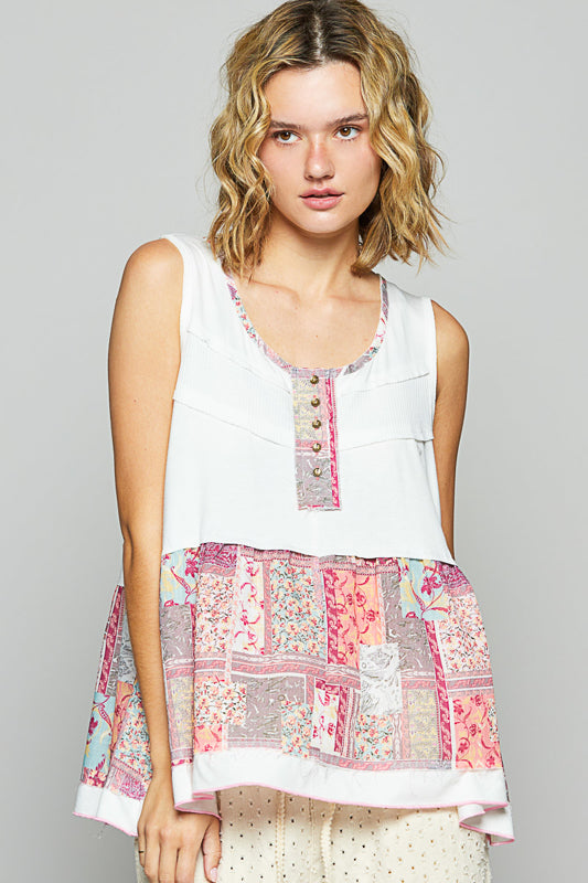 Threaded Florals & Knit Patchwork Tank Top