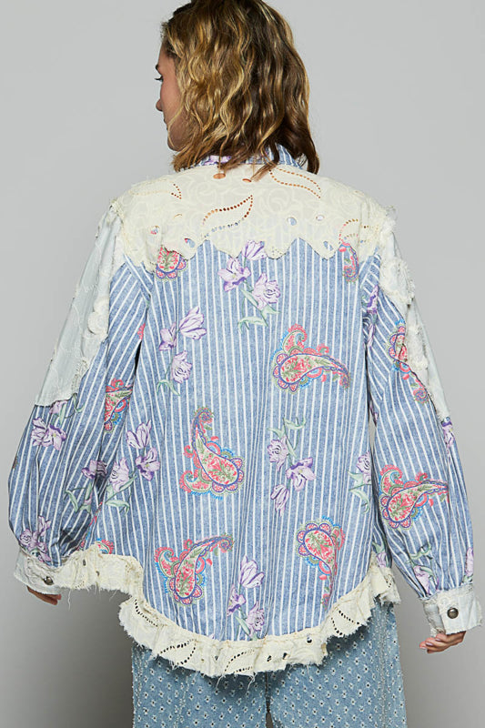 The Lucy Striped Coral Vintage Washed Floral Patchwork Denim Shacket