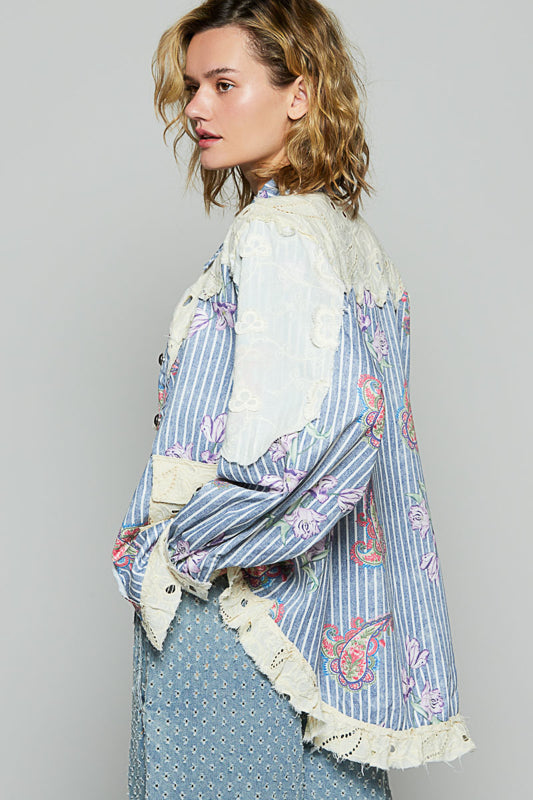 The Lucy Striped Coral Vintage Washed Floral Patchwork Denim Shacket