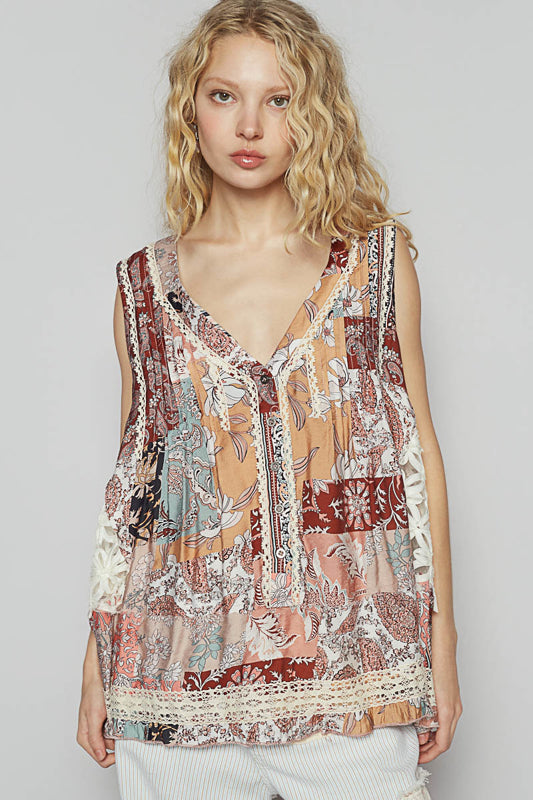 Boho Printed & Lace Petal Vintage Pleated Top