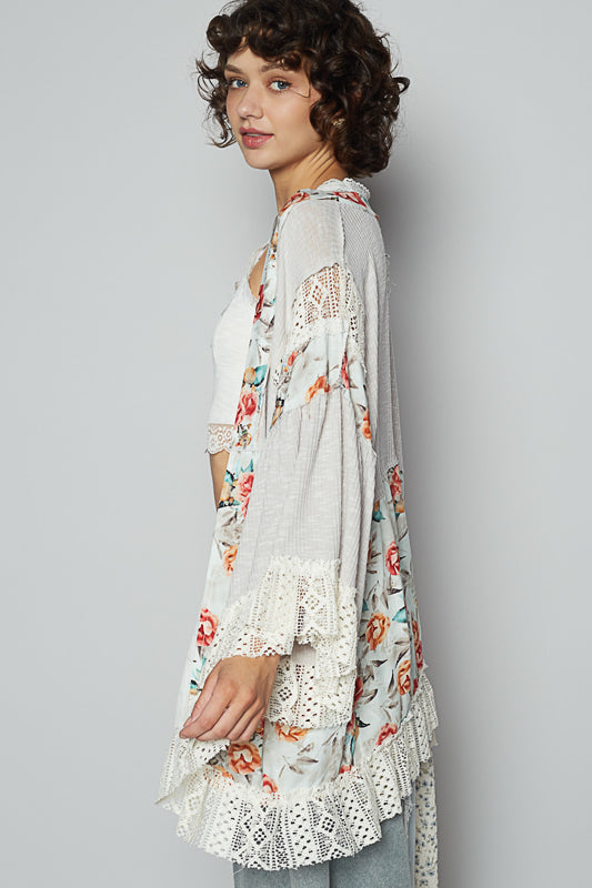 Spring Fresh Floral Pointed Raw Edge Ruffle Sleeve Cardigan