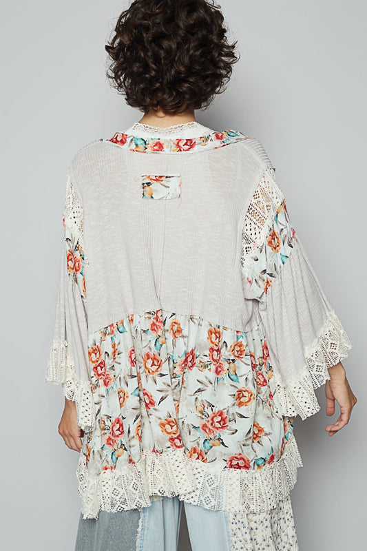 Spring Fresh Floral Pointed Raw Edge Ruffle Sleeve Cardigan