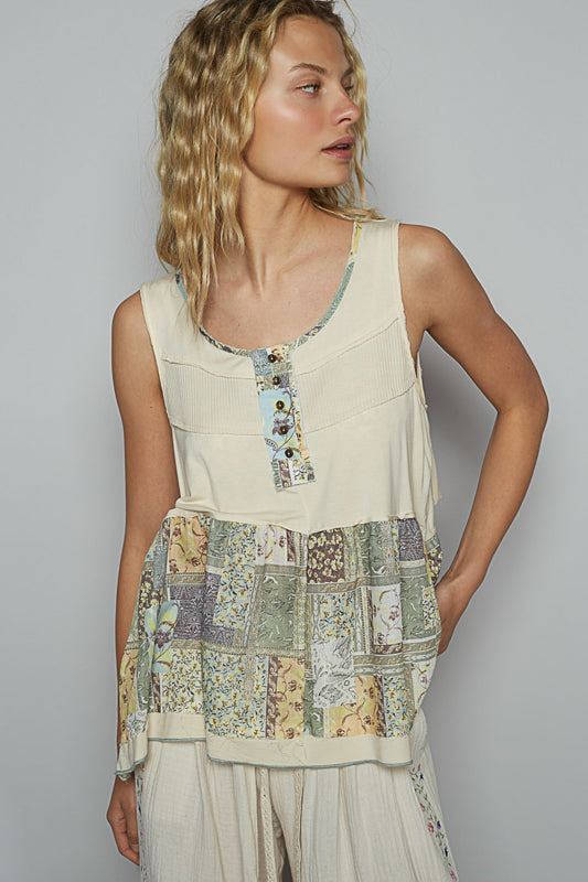 Threaded Florals & Knit Patchwork Tank Top