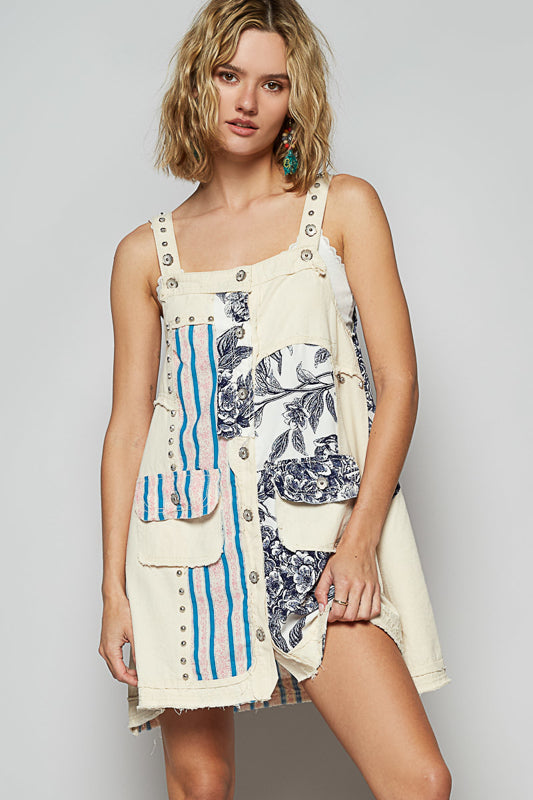 Printed Pretty Vintage Patched Denim Canvas Dress