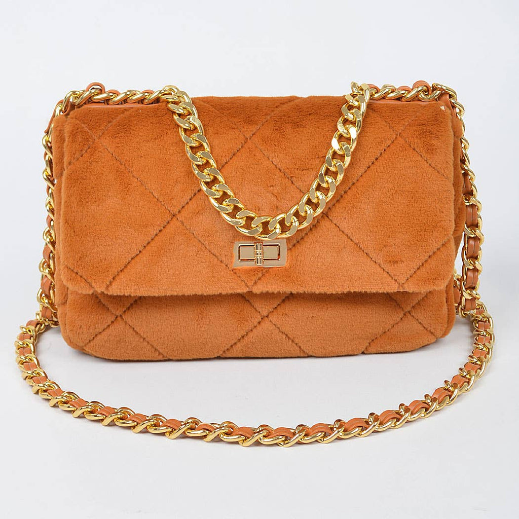 Velvet Crush Fur Chain Clutch - Camel