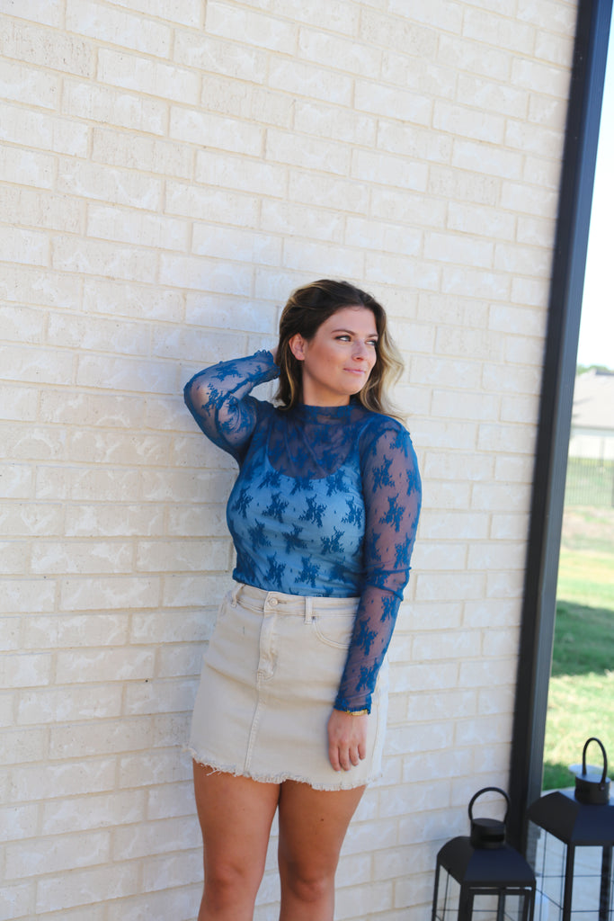 Navy Teal Vintage & Lace Mesh Long Sleeve