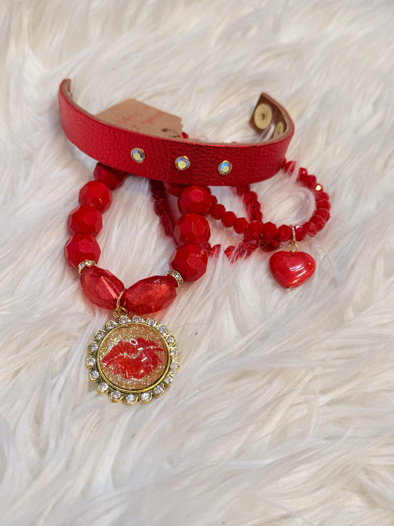 Red Kisses Leather Cuff and Bracelet Set