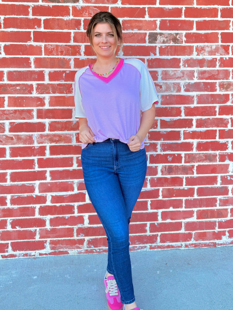 Pink Jersey Knit V-Neck Top with Cord Rib Combo