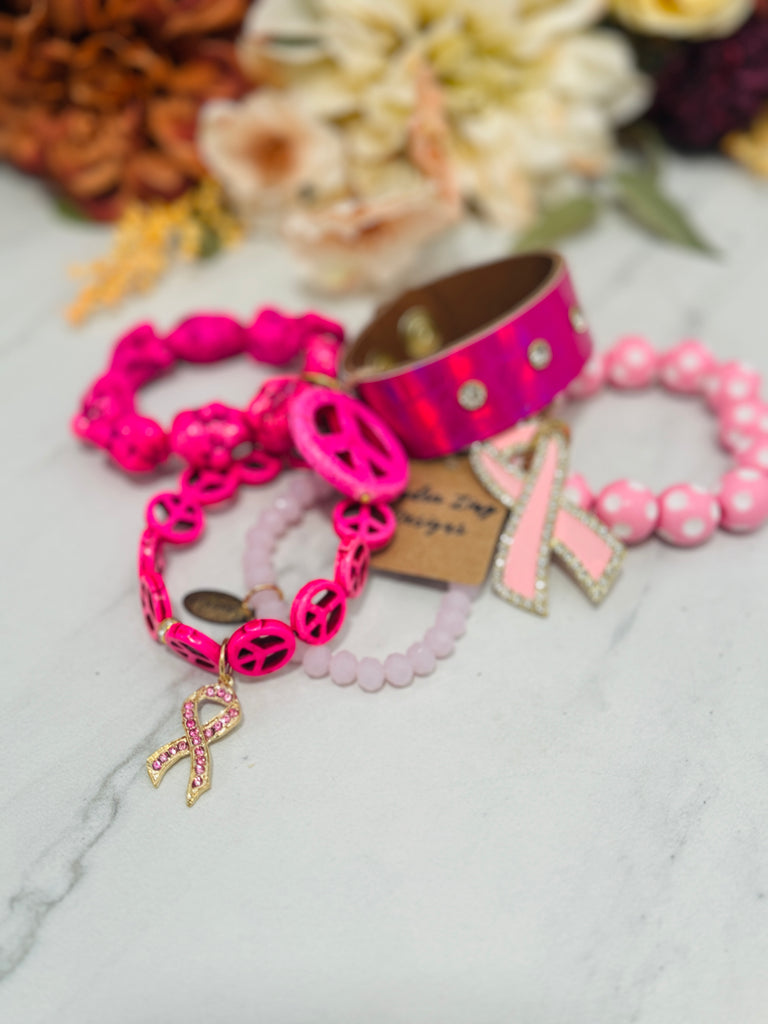 Fighting for Peace Pink Shimmer Breast Cancer Support Bracelet Set