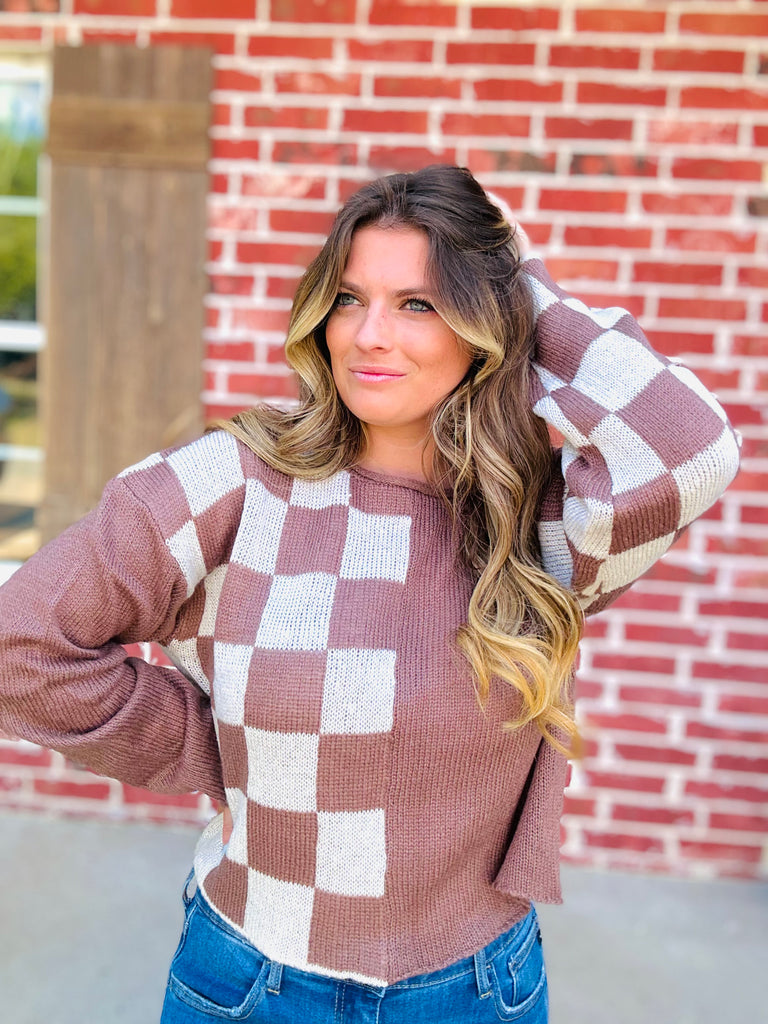 Mocha & Ivory Checkmate Color Chop Sweater