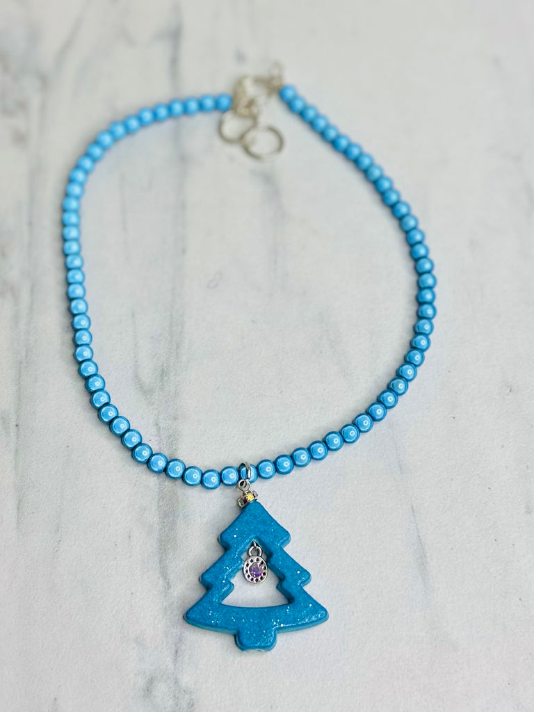 Whimsical Christmas Tree Pendant Necklace - Baby Blue