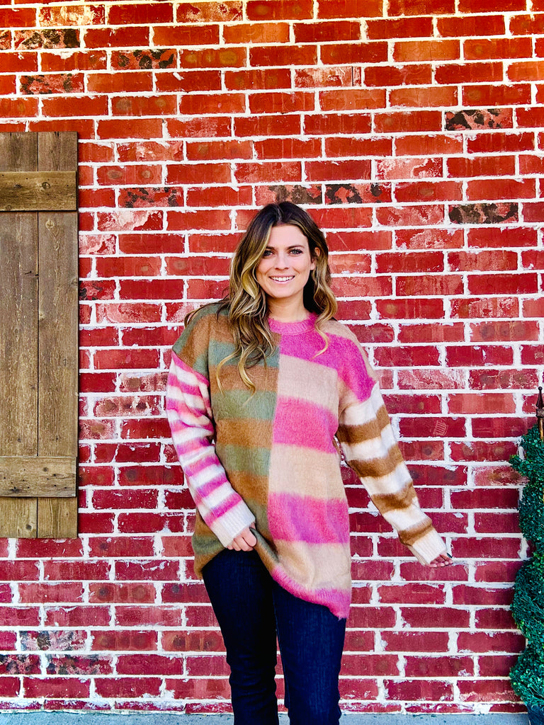 Cozy Mocha Stripe Oversized Fuzzy Knit Sweater