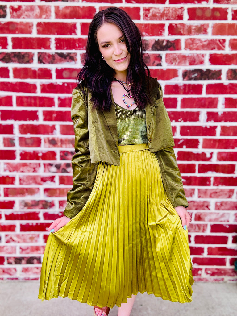 Pleated A-Line Satin Feel Midi Skirt- Chartreuse