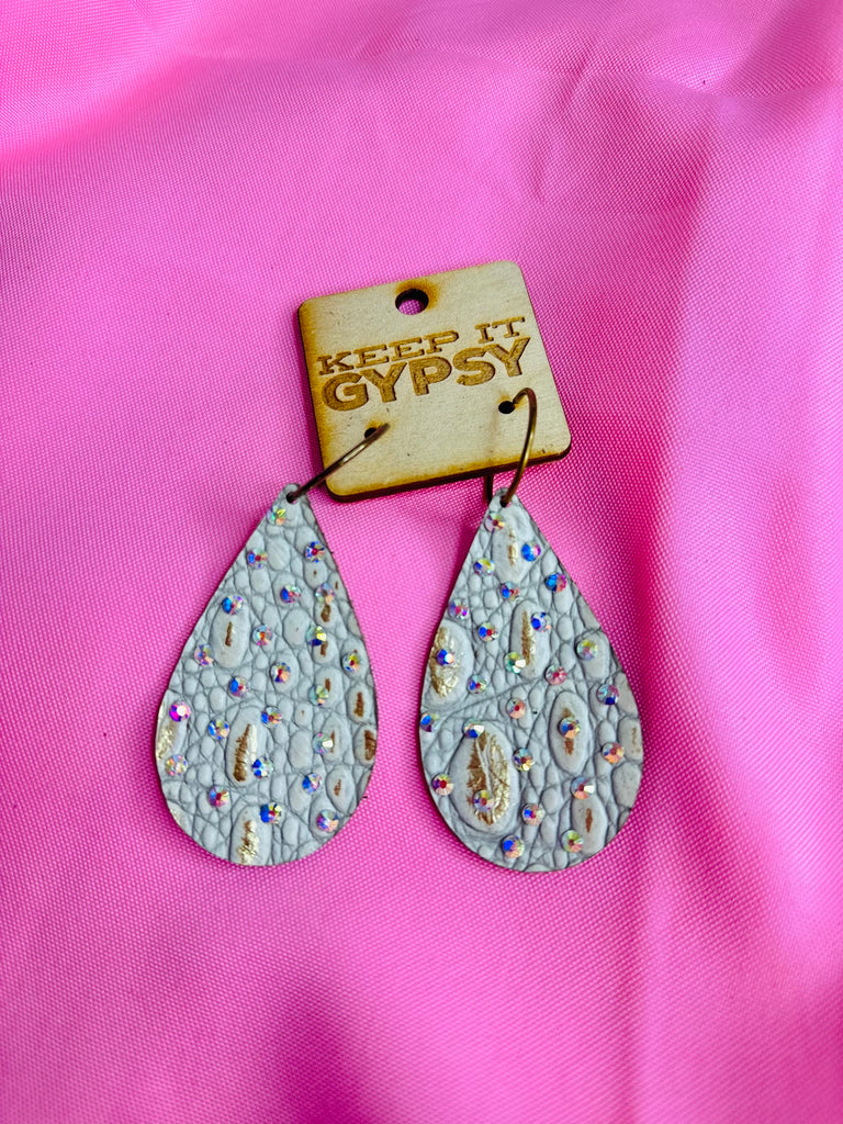 Tan Leather and Crystal Teardrop Earrings-Gold Speckled