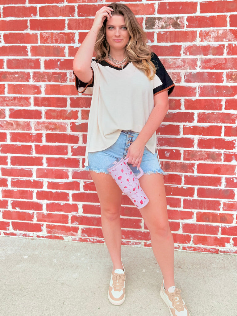 Effortless Sundays Causal Color Block Top - Ivory and Black