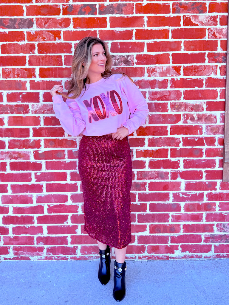 Shimmy Pinks XOXO Sequin Patch Graphic Crewneck Pullover