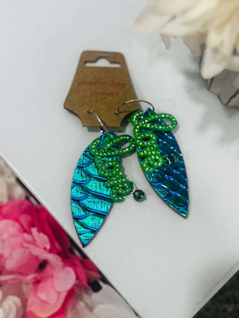 Bold Blue Hologram Feather Drop Earrings