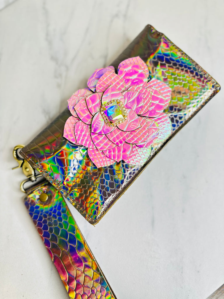 Neutral Hologram & Pink Floral Fallon Wallet Wristlet