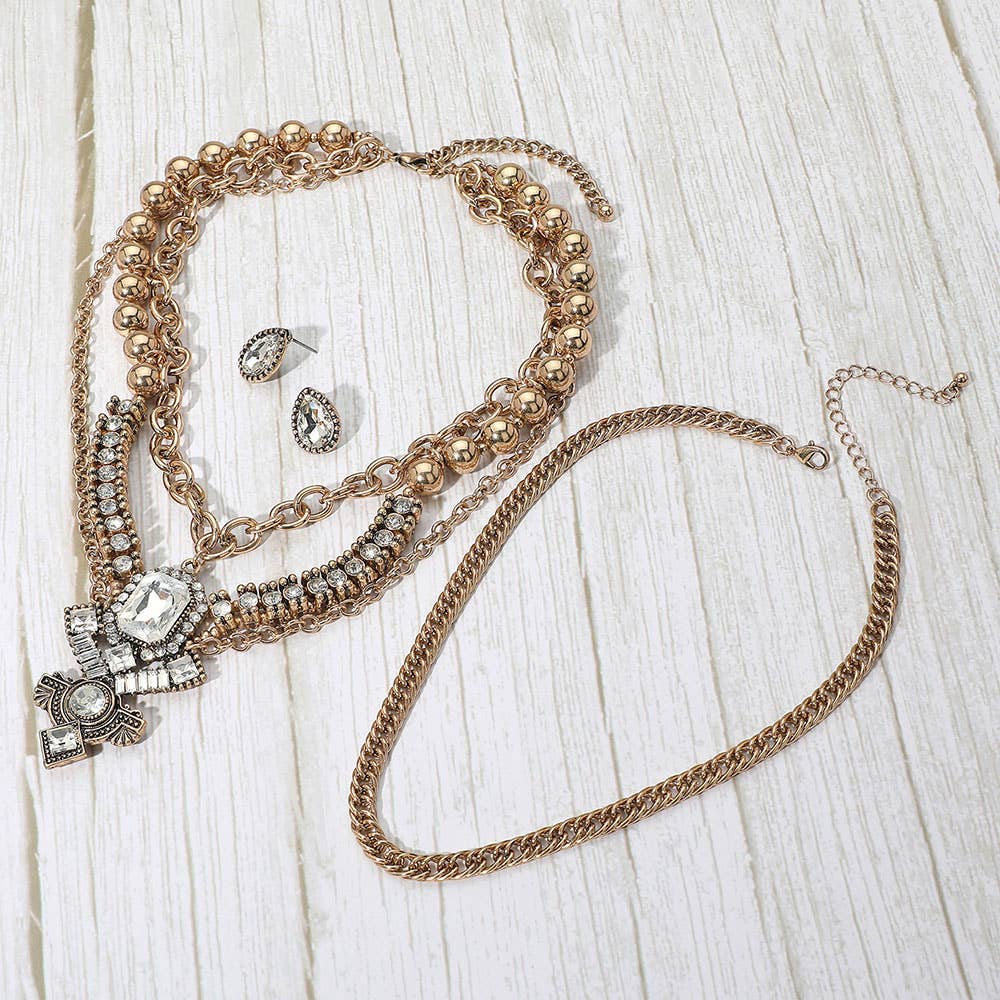 Bold Antique Metal Layered Necklace Set - gold