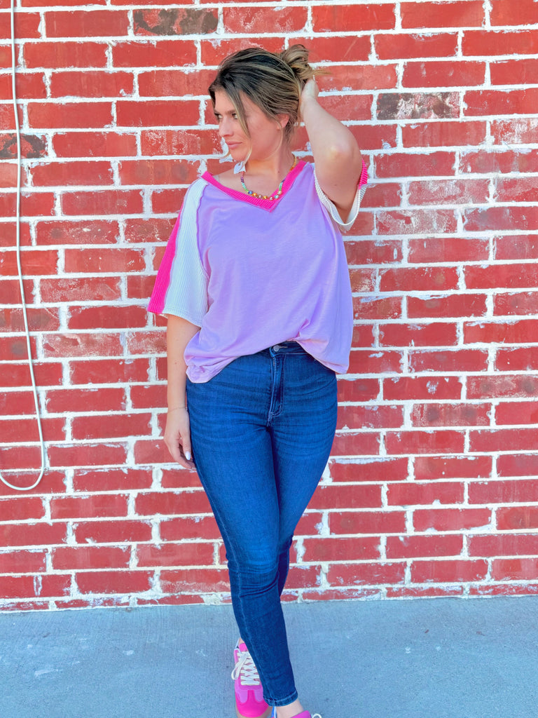 Pink Jersey Knit V-Neck Top with Cord Rib Combo