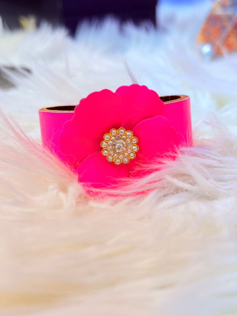 Neon Blooms Pink Floral Leather Snap Cuff