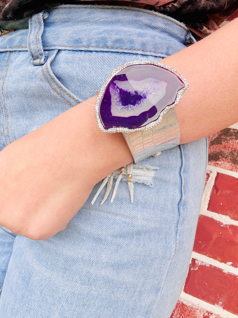 Bright Silver Holo & Violet Stone Large Cuff