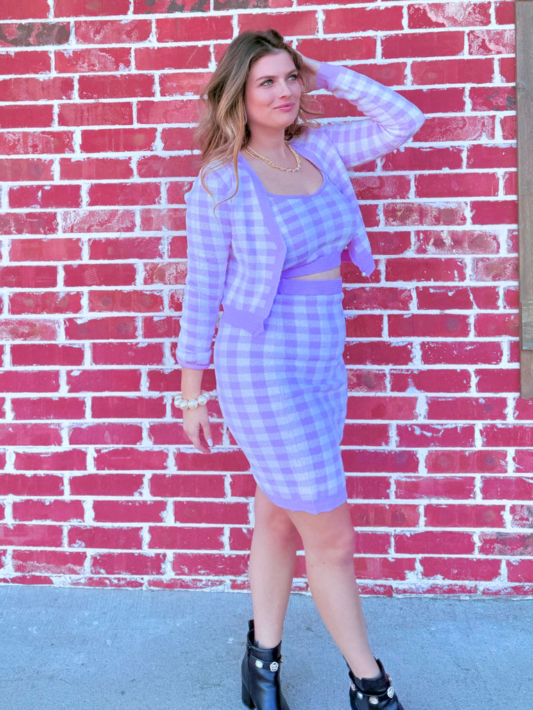 Lavender Picnic Plaid Cami Top With Cardigan 2 Piece Set