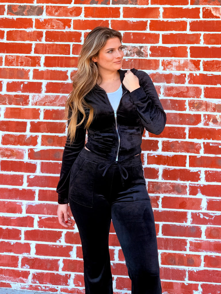 The Luxe Velour Zip Crop Hoodie in Black