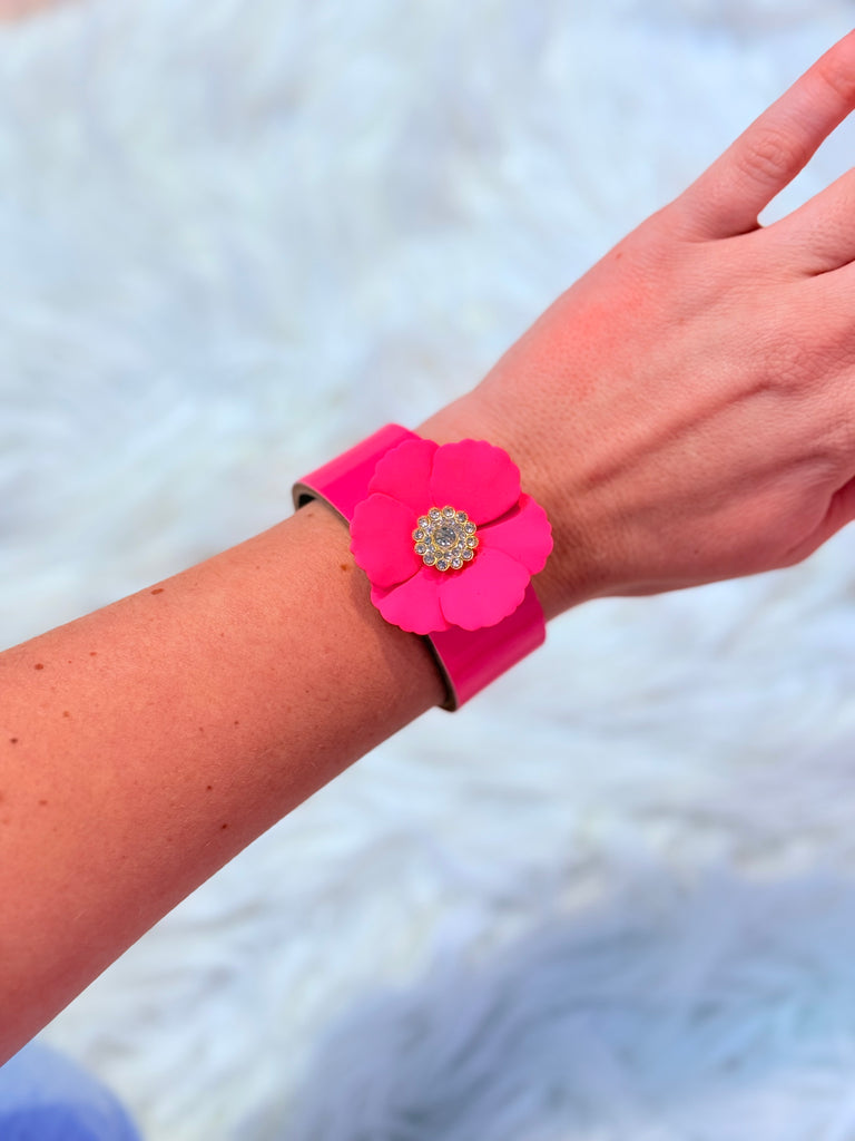 Neon Blooms Pink Floral Leather Snap Cuff