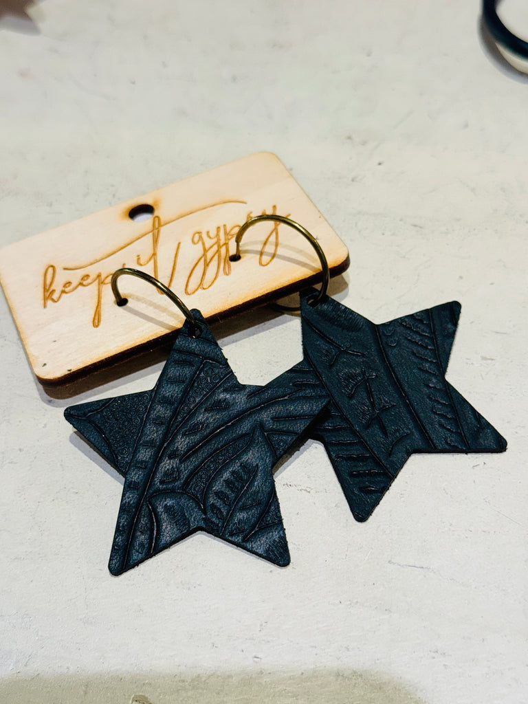 Midnight Tooled Leather Star Earrings