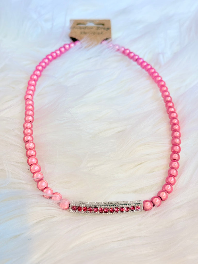 Bubblegum Beaded Silver Crystal Bar Necklace