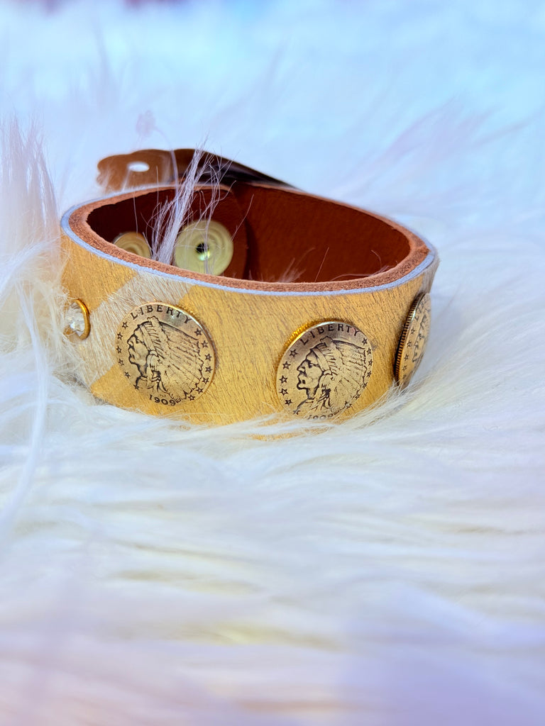 Vintage Coin Studded Hide and Leather Cuff - Gold