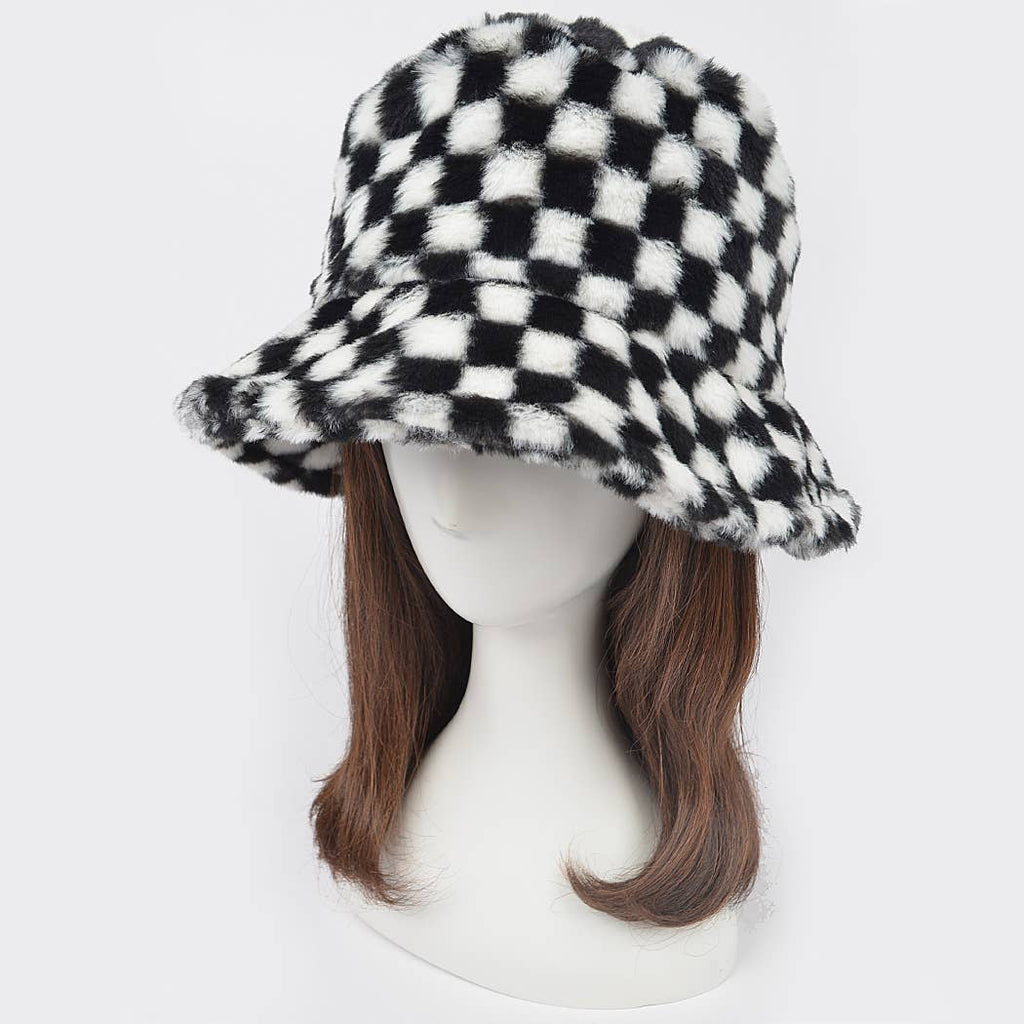 Cozy Check Faux Fur Bucket Hat