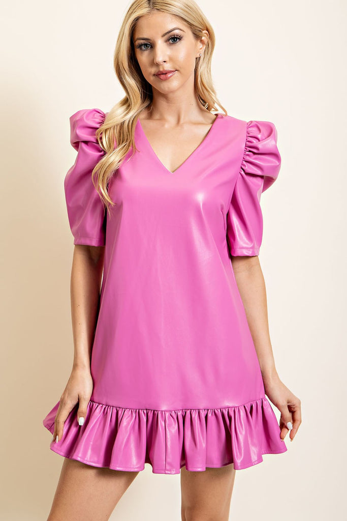 Pink Puff Sleeve Leather Dress