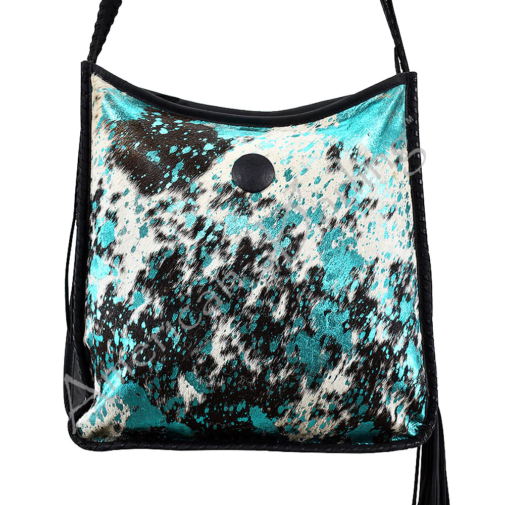 Jet Black & Teal Acid Hide Crossbody Messenger Handbag