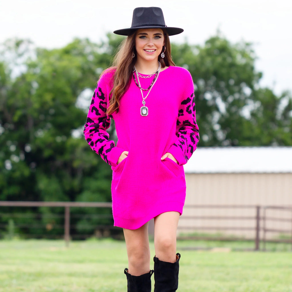 Feeling Frisk Pink Leopard Printed Sweater Dress