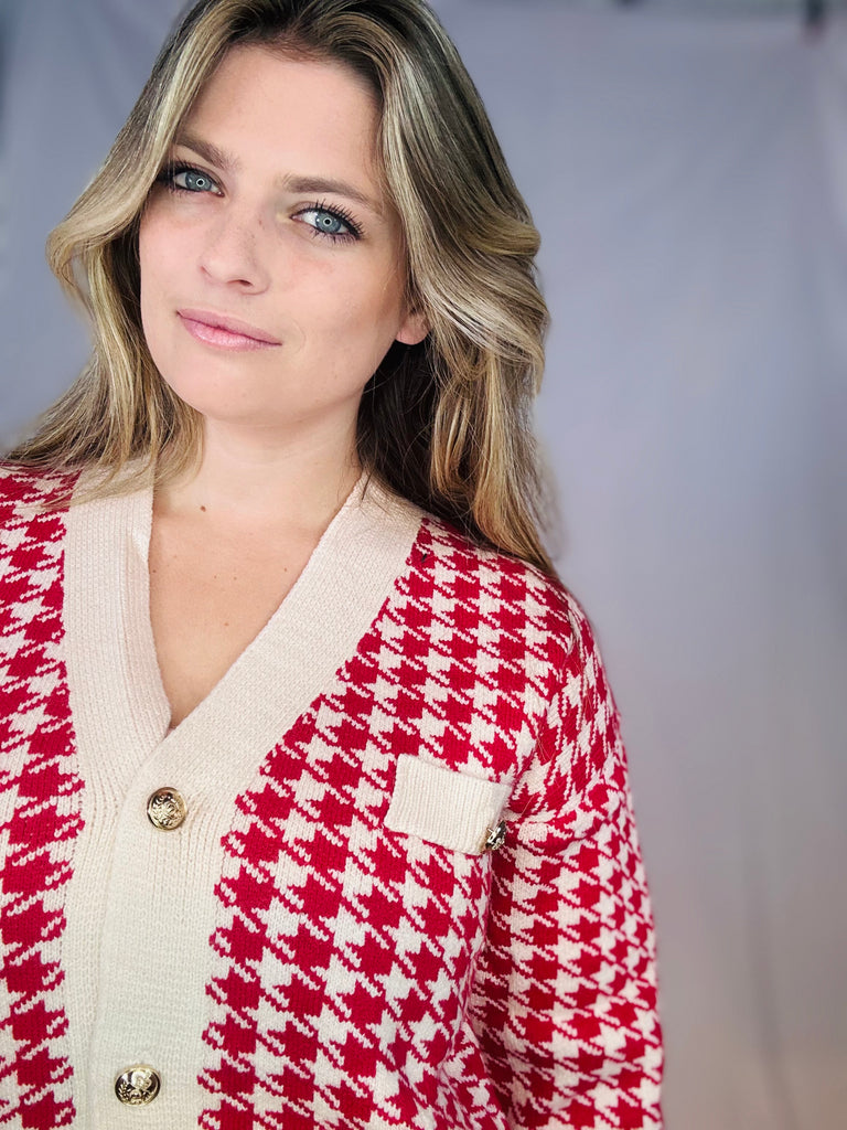 Red & Ivory Houndstooth Jacket/Cardigan