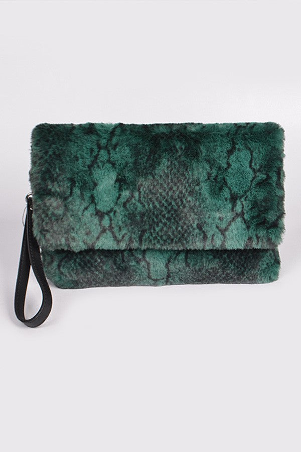 Wild Luxe Snake Fur Clutch - GREEN