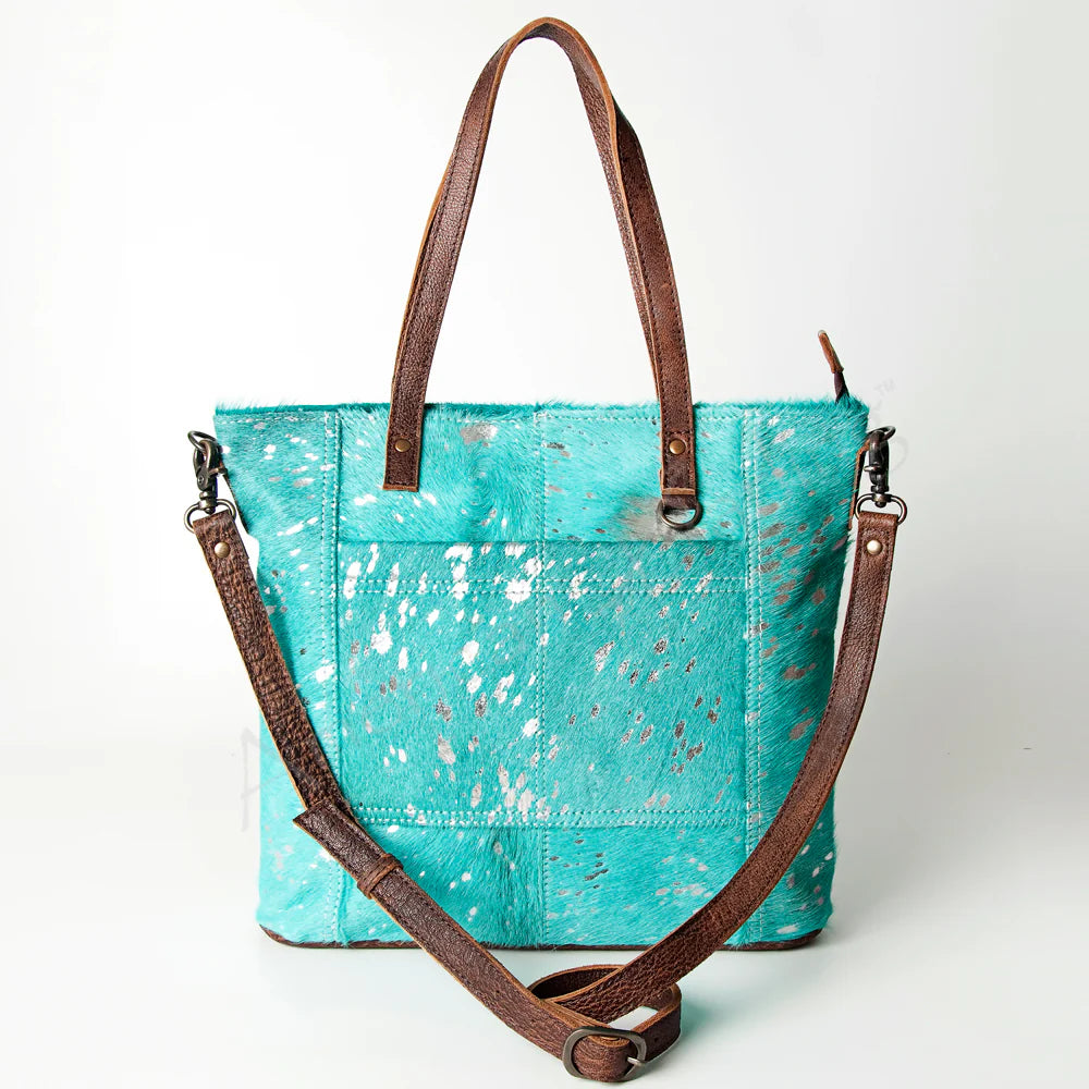 Western Turquoise & Silver acid wash Tote (Brown Leather)