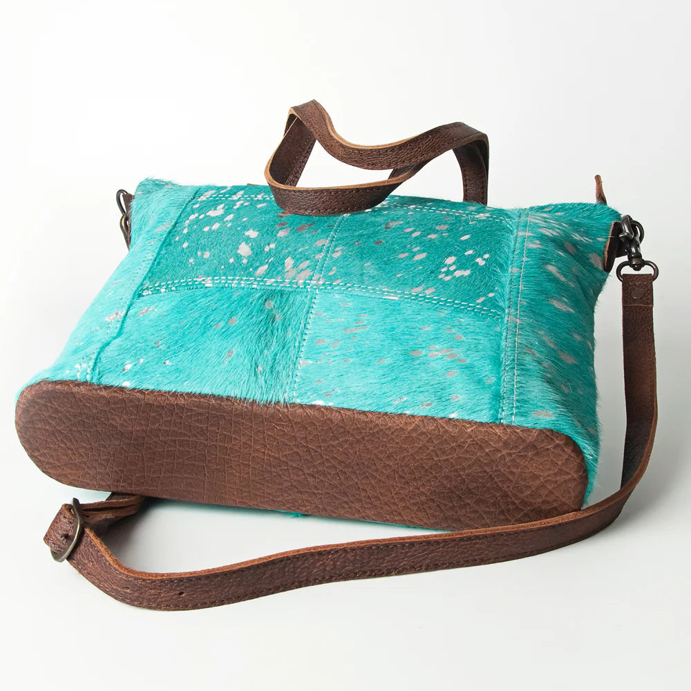 Western Turquoise & Silver acid wash Tote (Brown Leather)