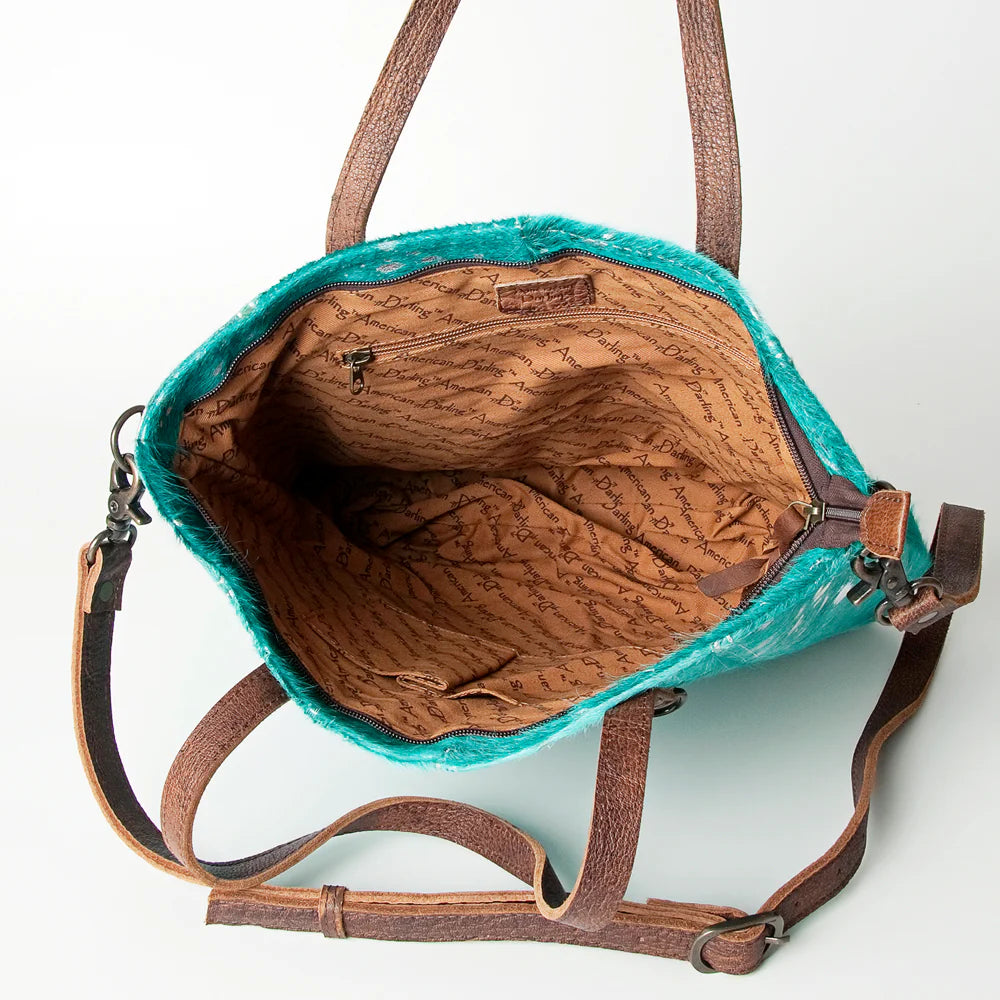 Western Turquoise & Silver acid wash Tote (Brown Leather)