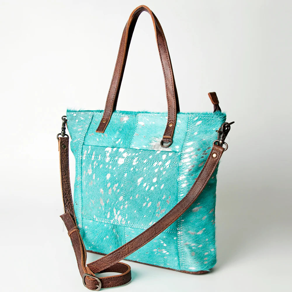 Western Turquoise & Silver acid wash Tote (Brown Leather)