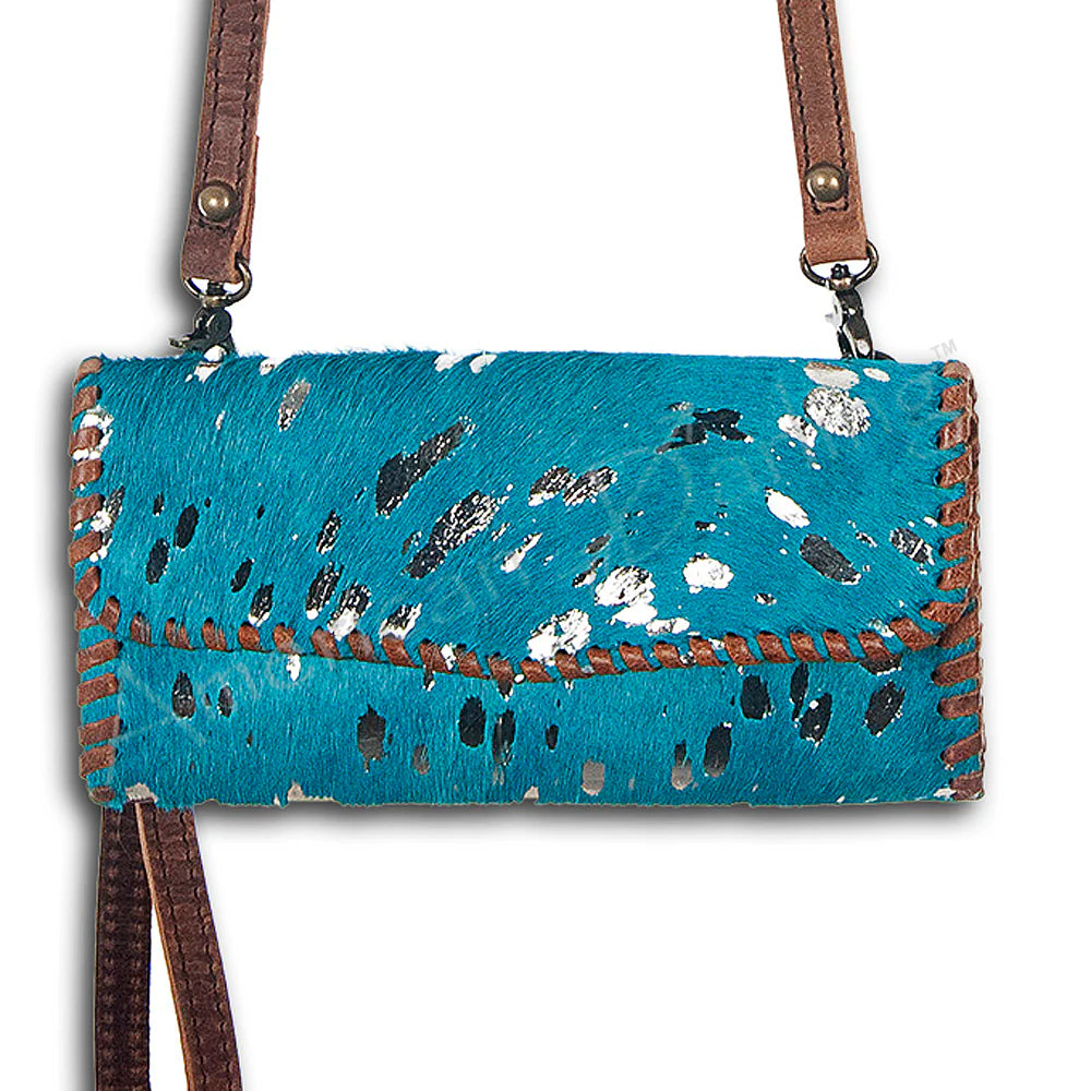 Western Turquoise & Silver Hide Speck Crossbody Wallet