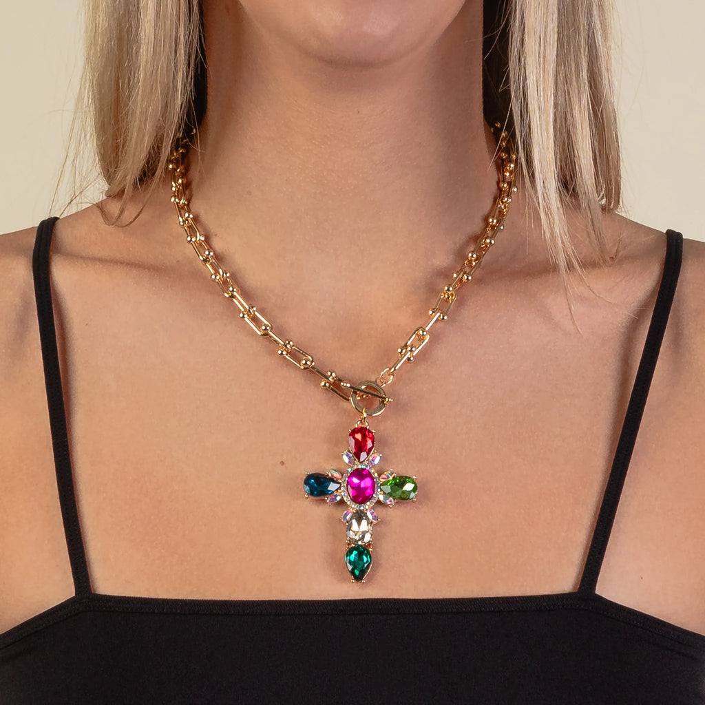 Multi Faithful Approach Crystal Cross Necklace