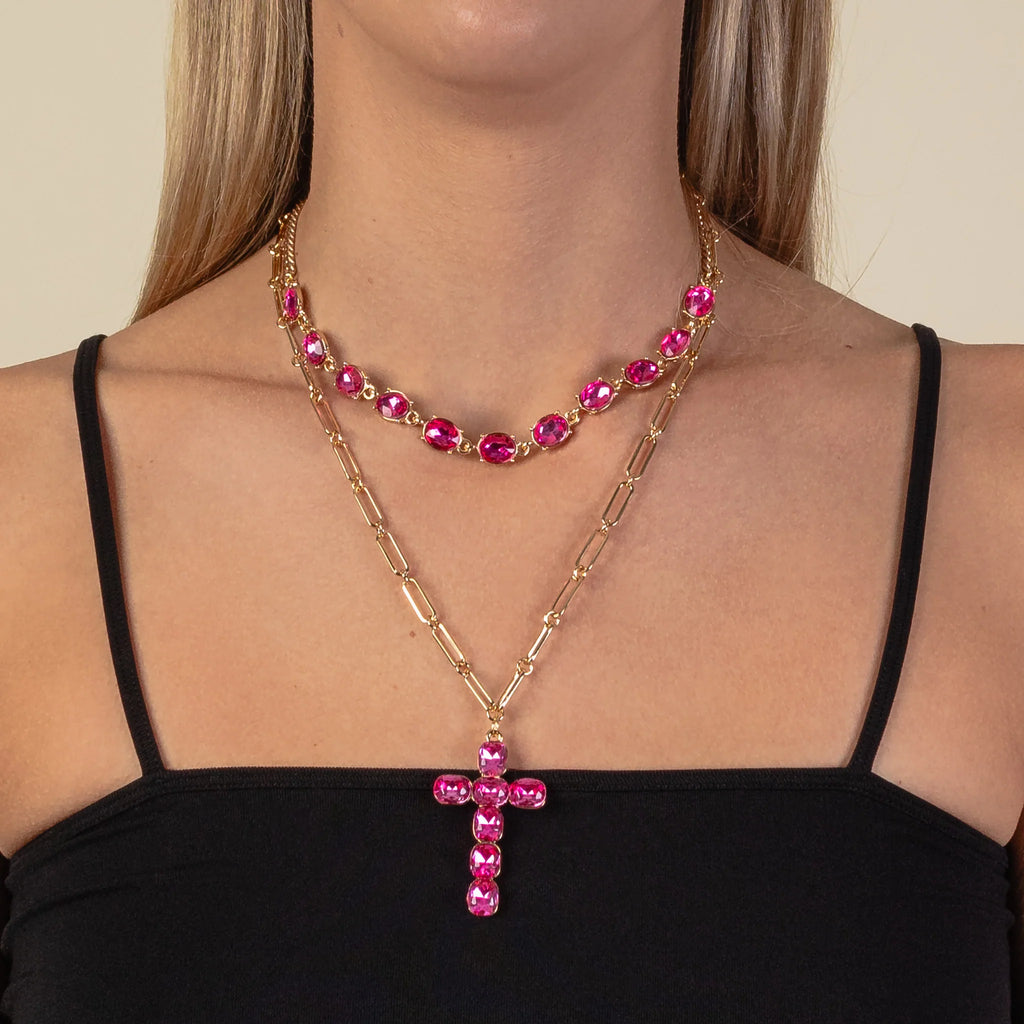 Fuchsia Says He Crystal Charm Layered Necklace